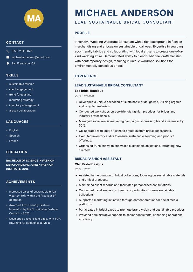 Wedding Wardrobe Consultant resume template — Classic Clean