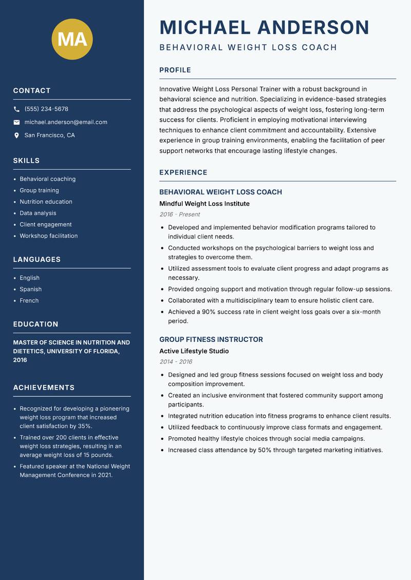 Weight Loss Personal Trainer resume template — Classic Clean