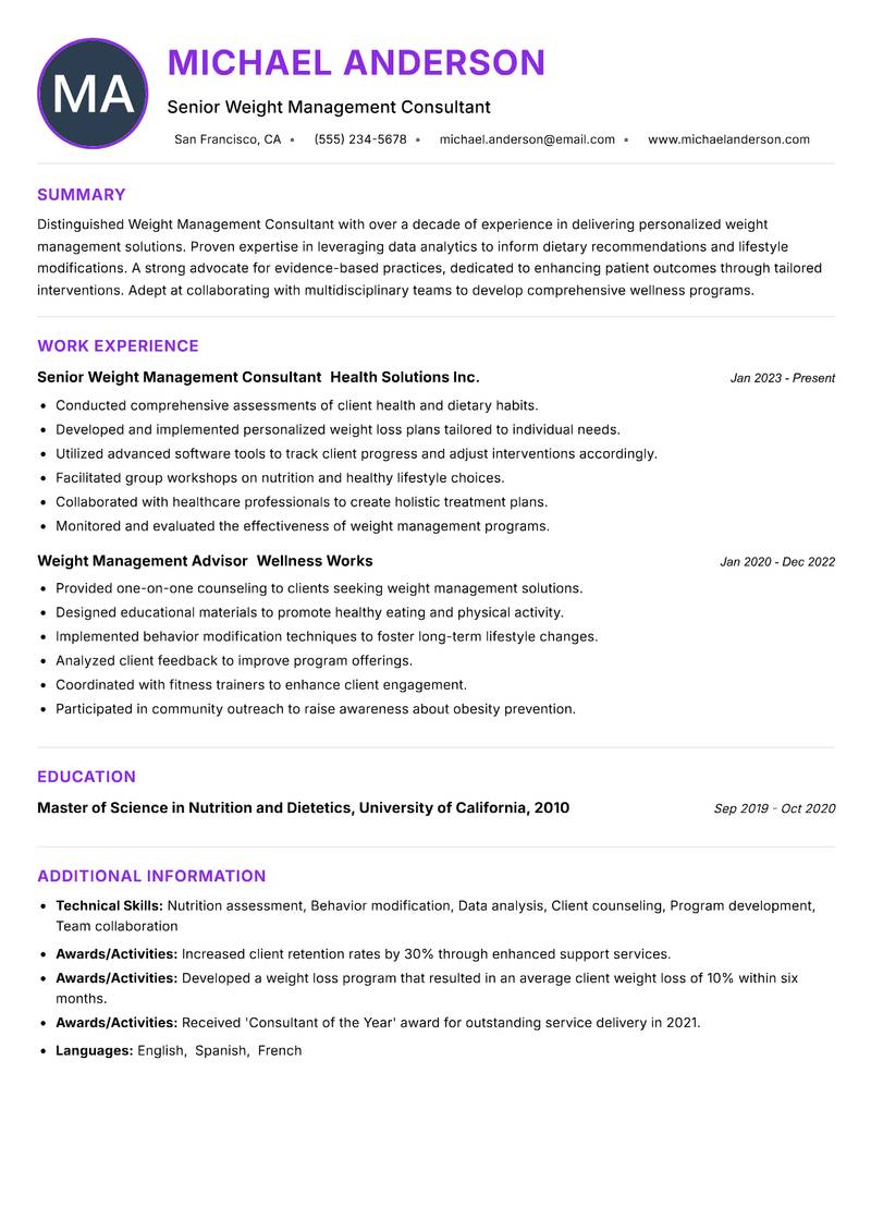 Weight Management Consultant resume example — ATS-friendly template