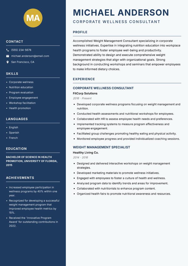 Weight Management Consultant resume template — Classic Clean