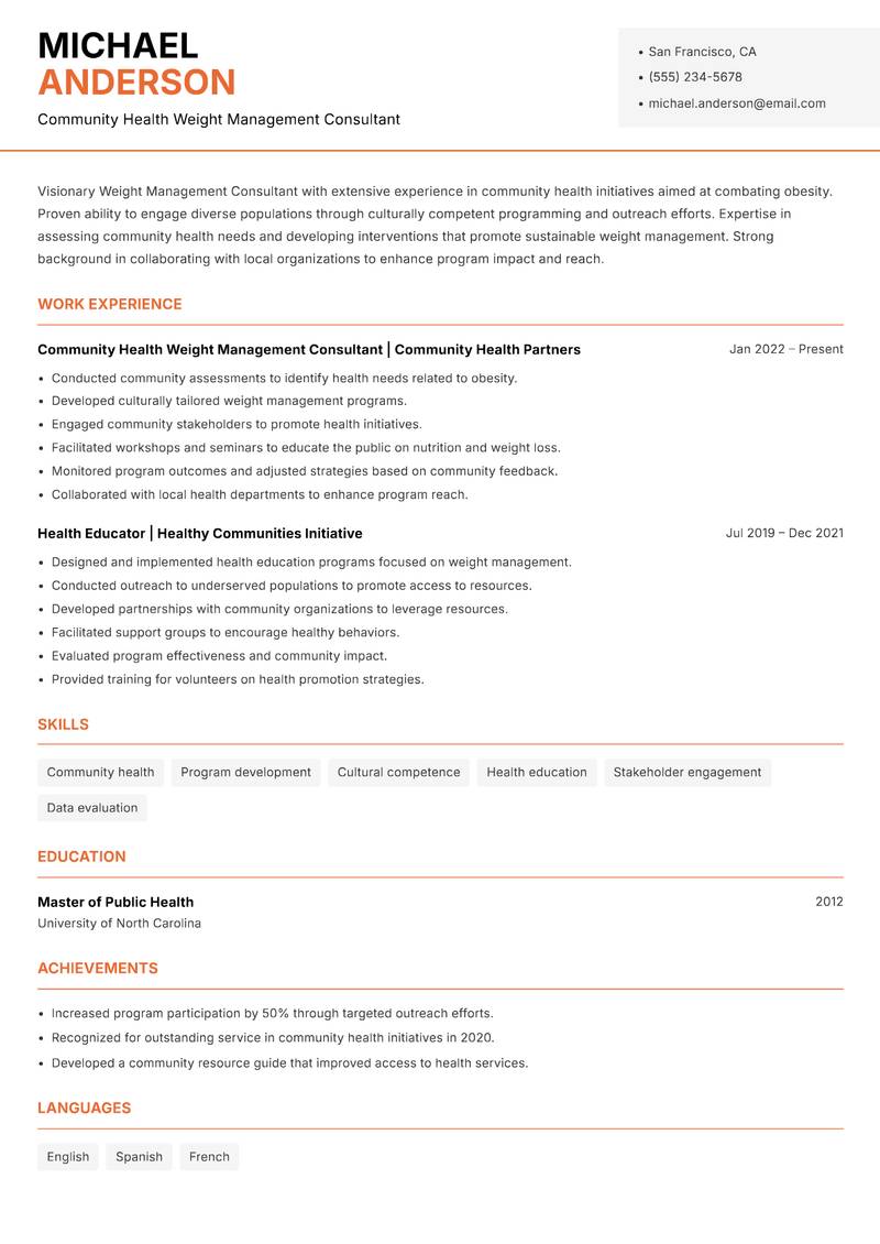 Weight Management Consultant resume template — Modern Professional