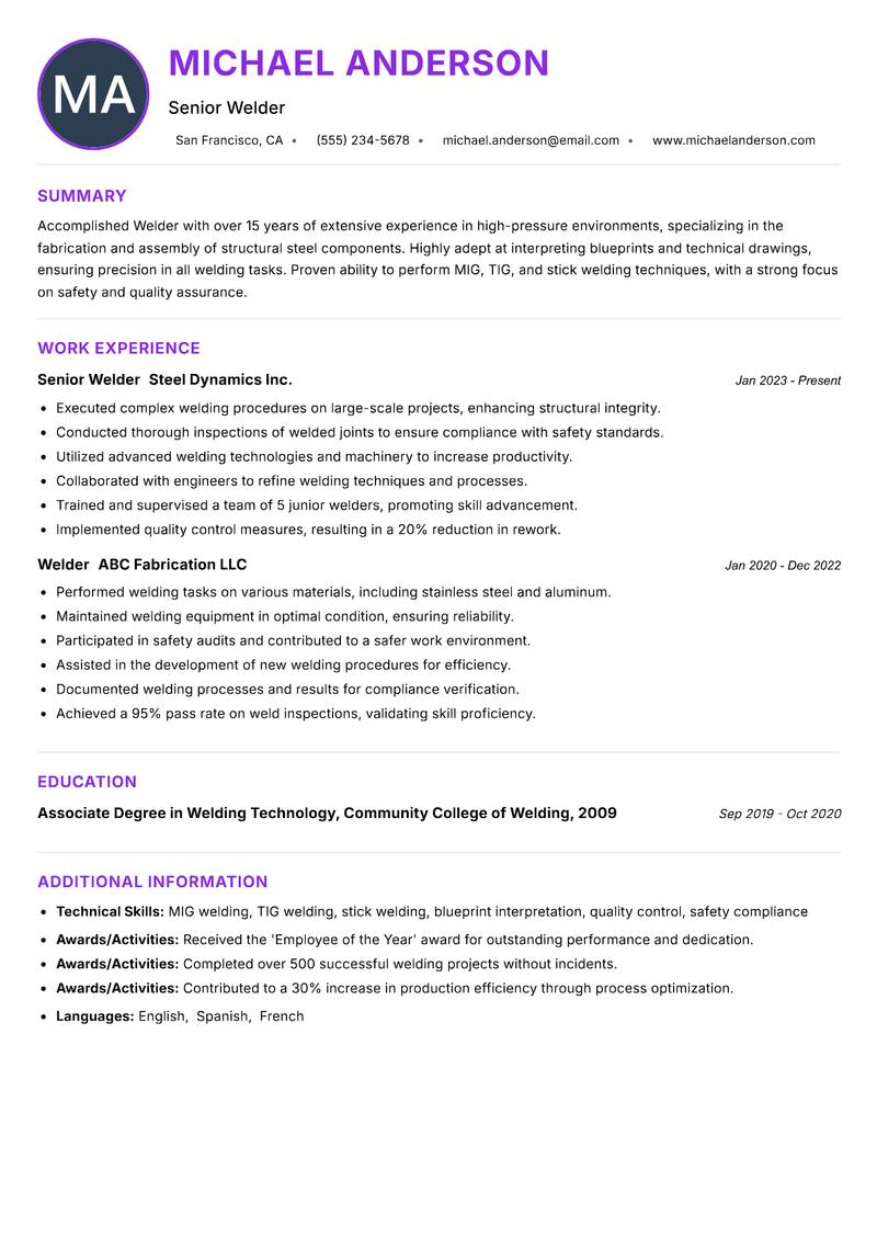 Welder resume example — ATS-friendly template
