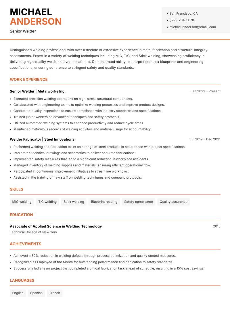 Welder resume template — Modern Professional