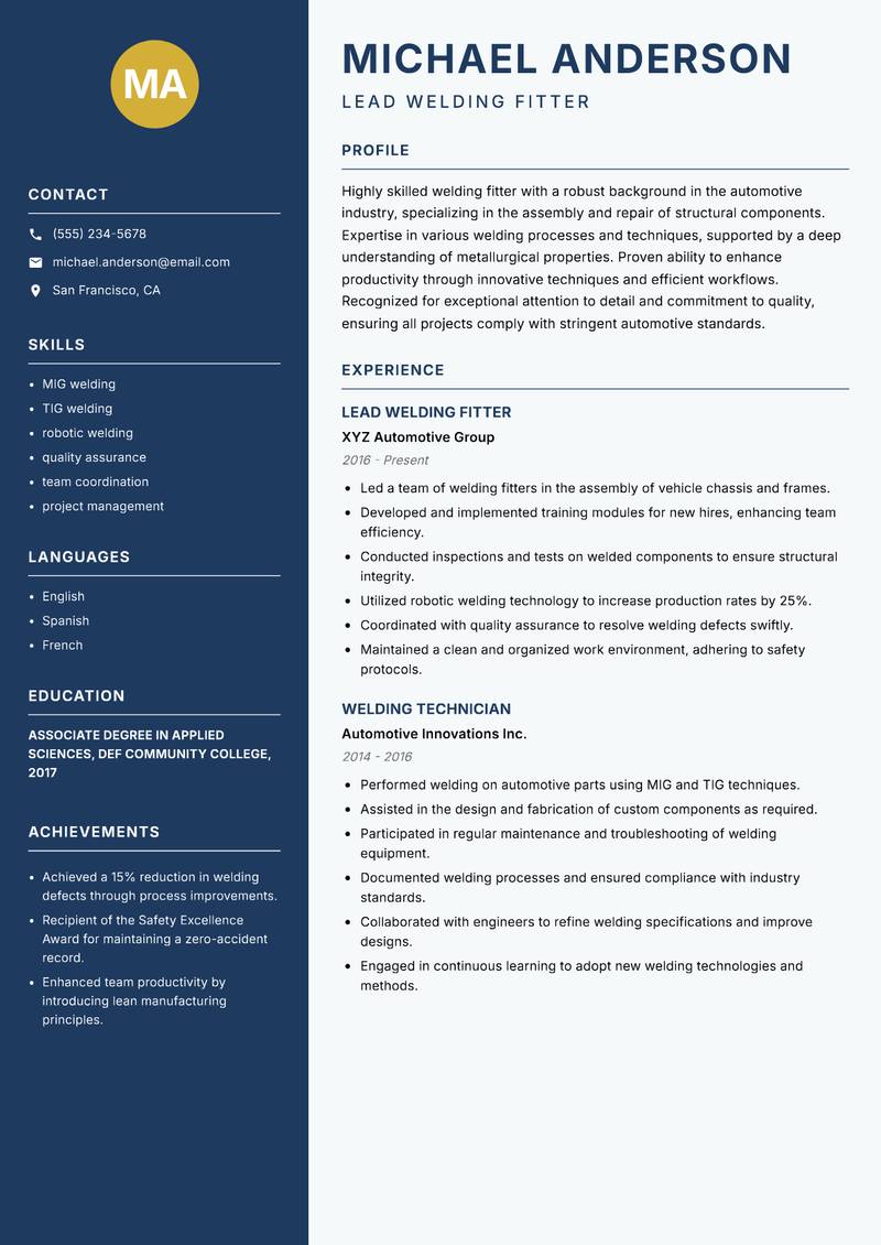 Welding Fitter resume template — Classic Clean