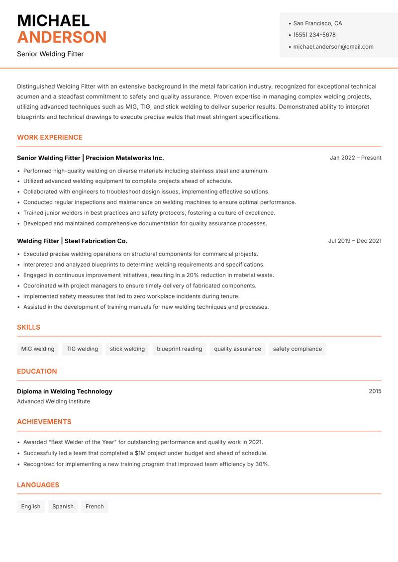Welding Fitter resume template — Modern Professional