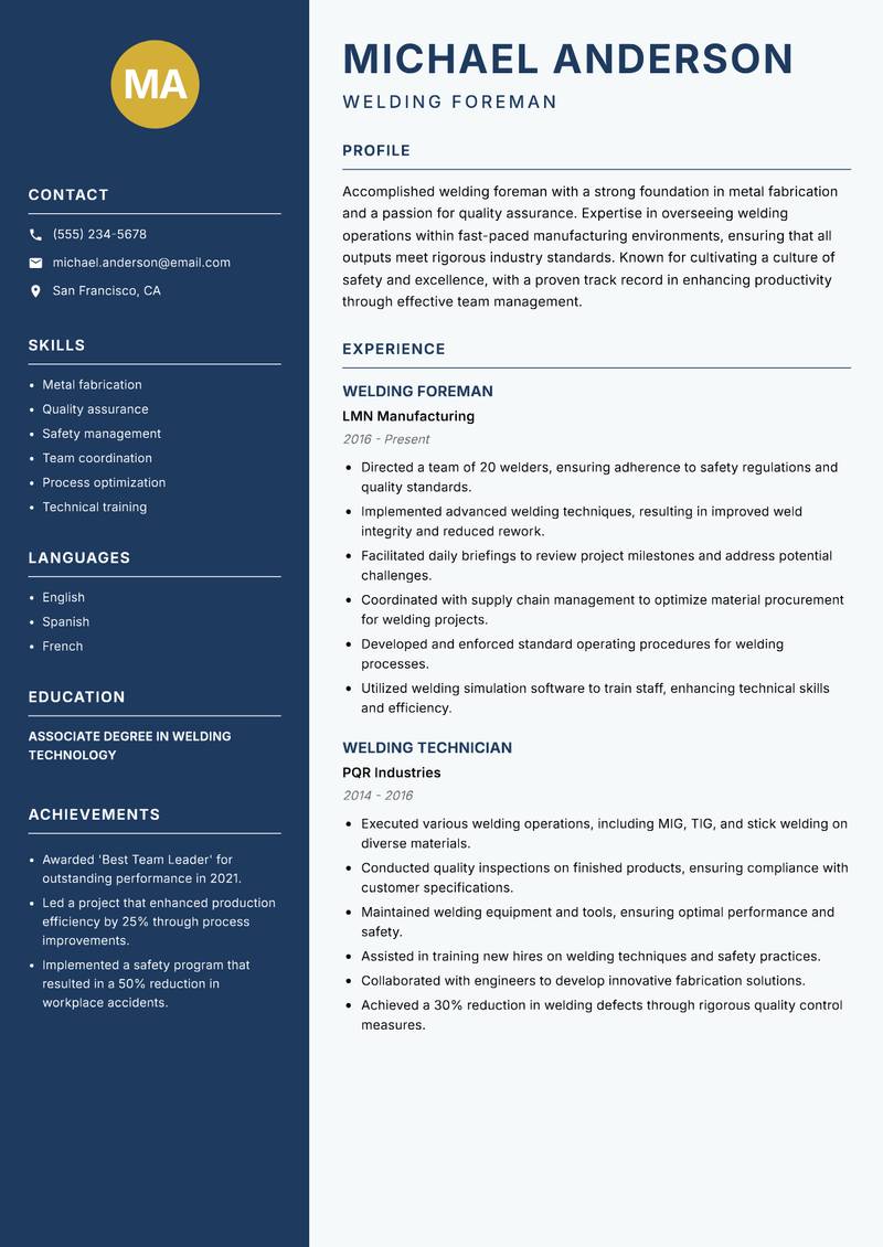 Welding Foreman resume template — Classic Clean