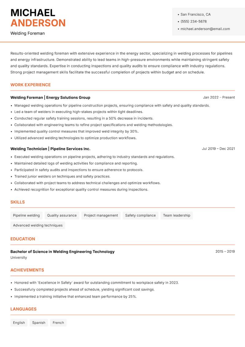 Welding Foreman resume template — Modern Professional