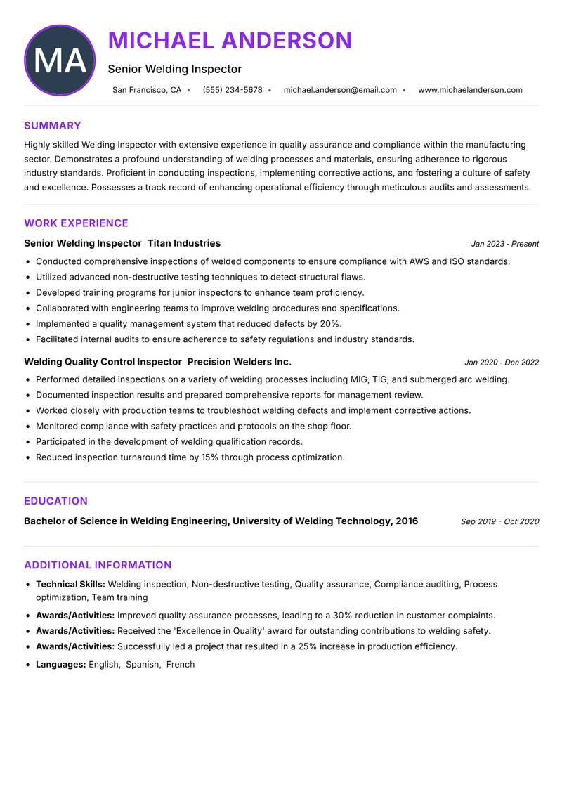 Welding Inspector resume example — ATS-friendly template