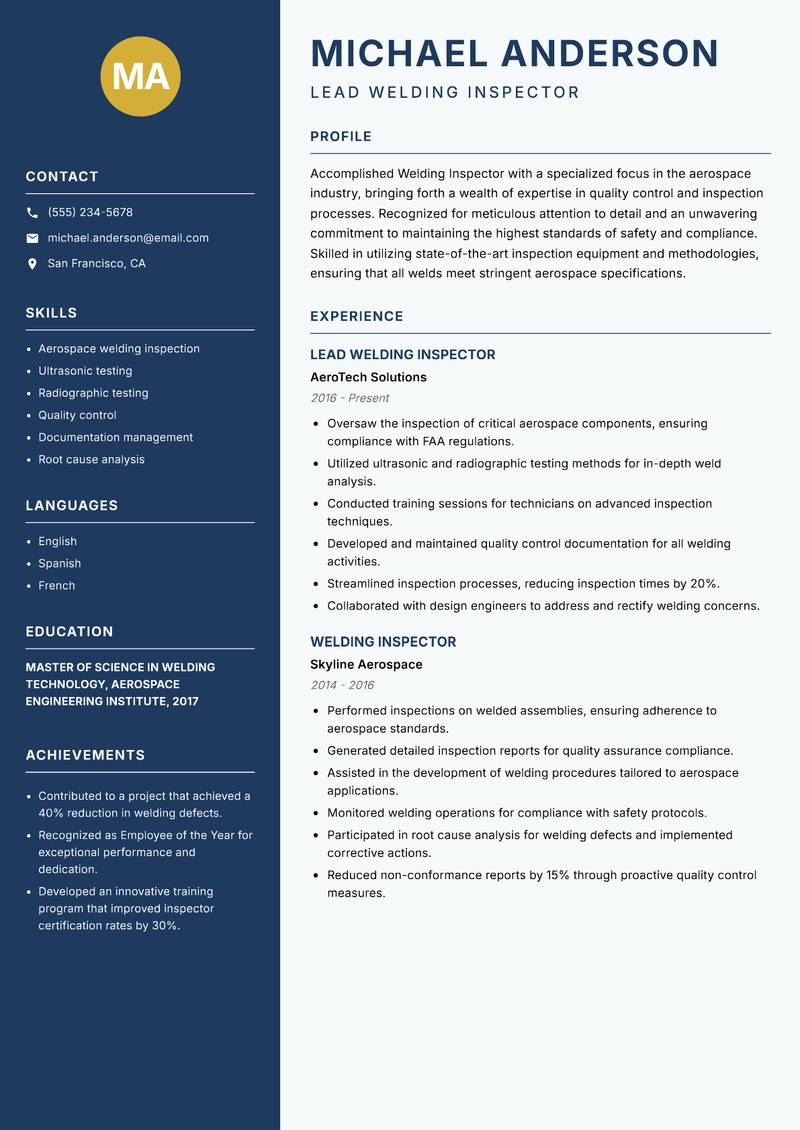Welding Inspector resume template — Classic Clean