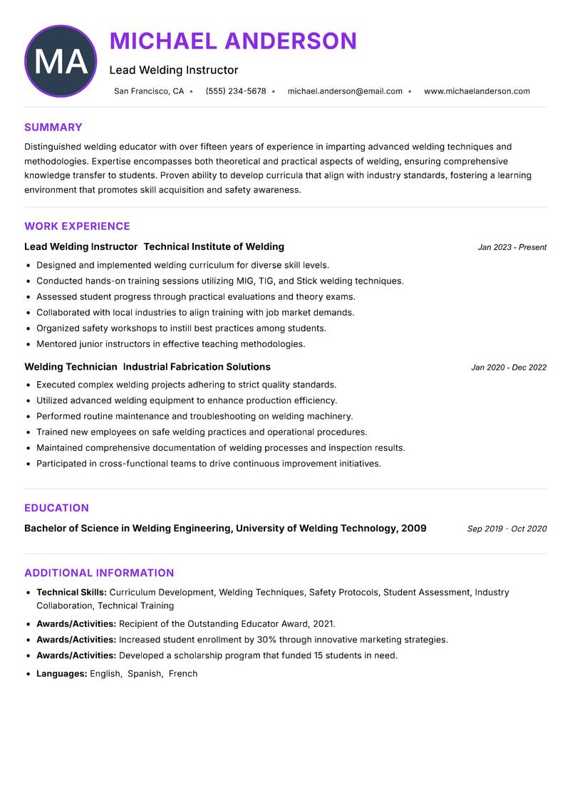 Welding Instructor resume example — ATS-friendly template