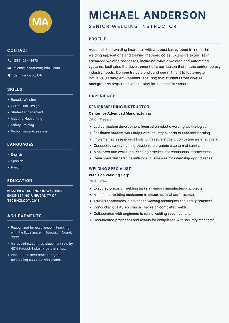 Welding Instructor resume template — Classic Clean