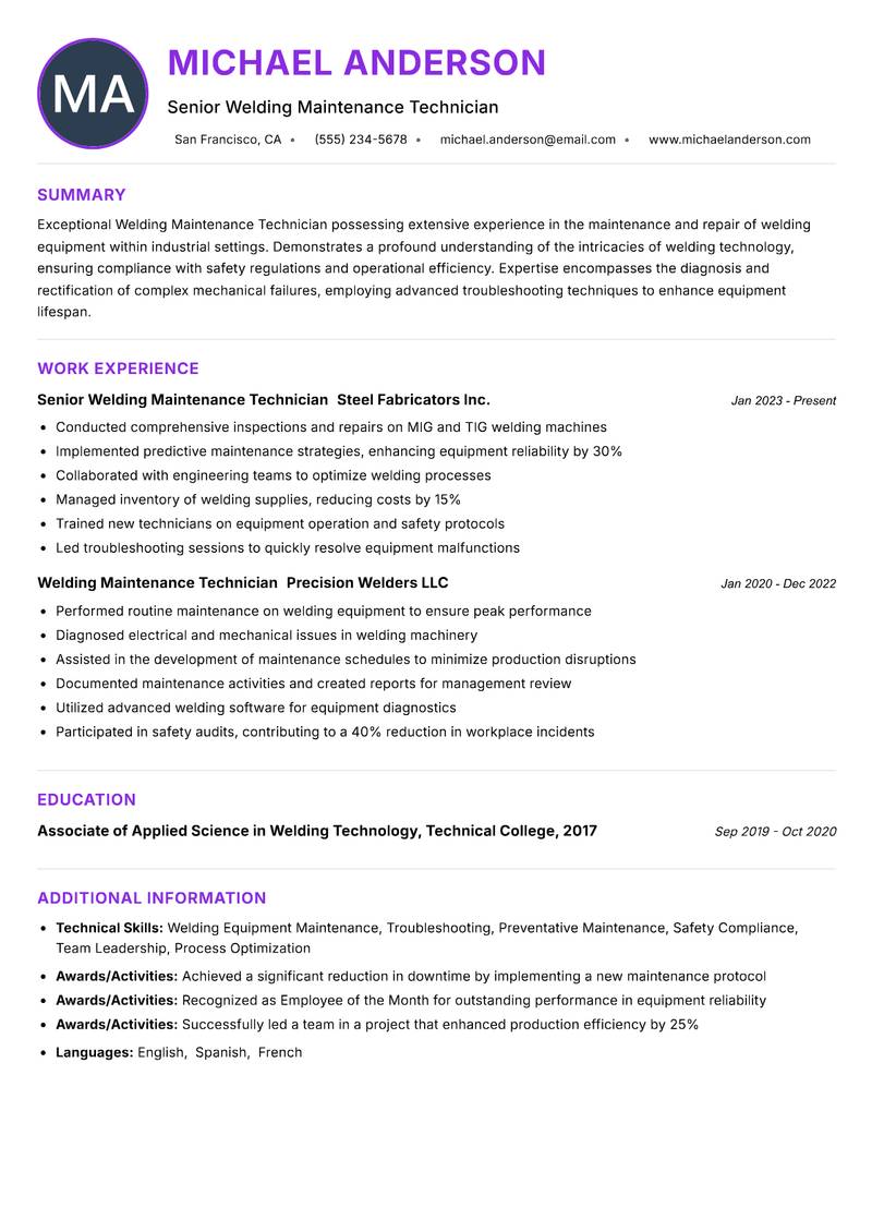 Welding Maintenance Technician resume example — ATS-friendly template