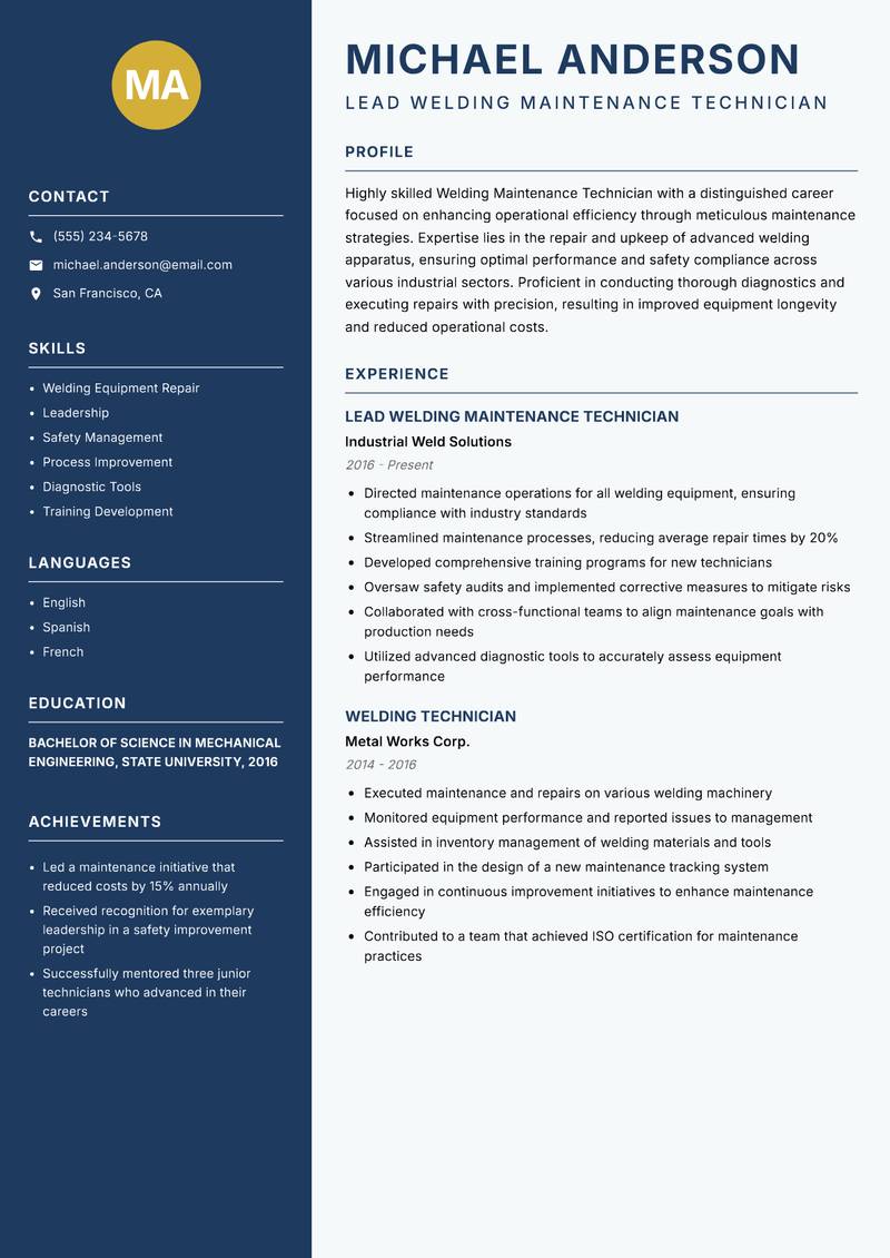 Welding Maintenance Technician resume template — Classic Clean
