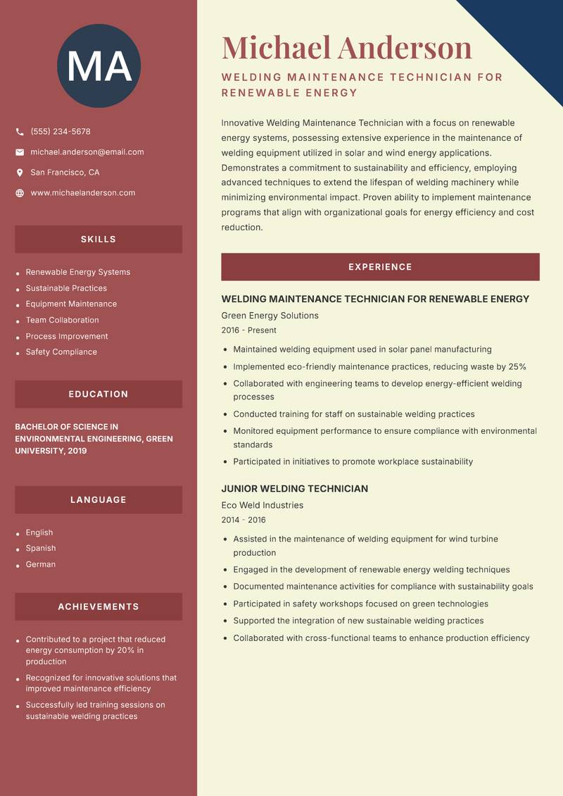 Welding Maintenance Technician resume template — Two Column