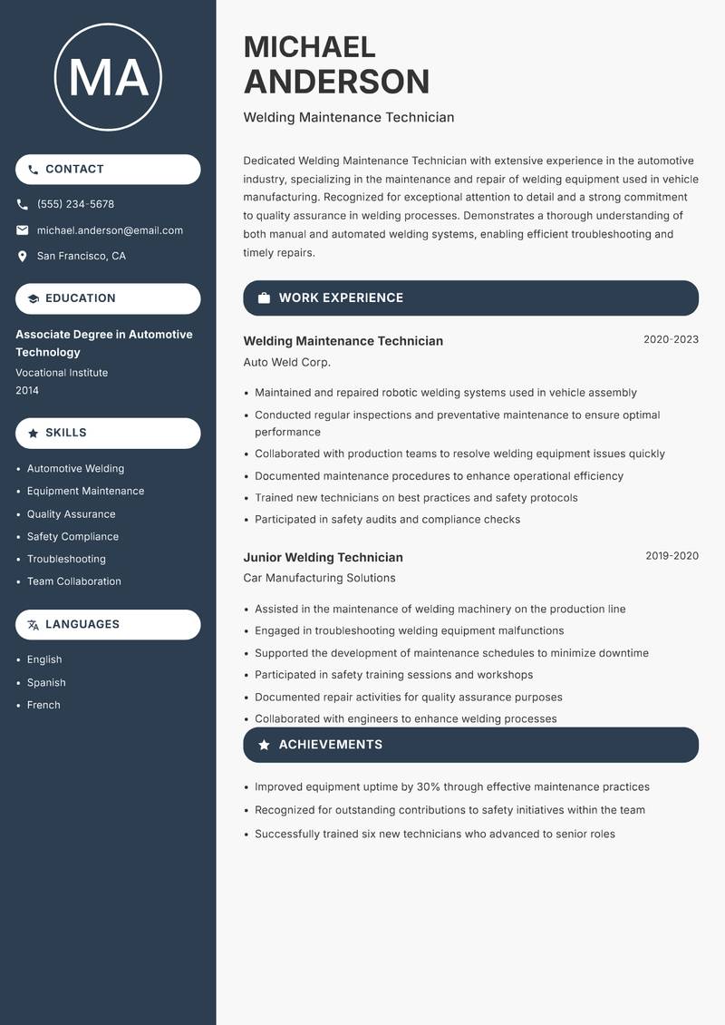 Welding Maintenance Technician resume template — Compact