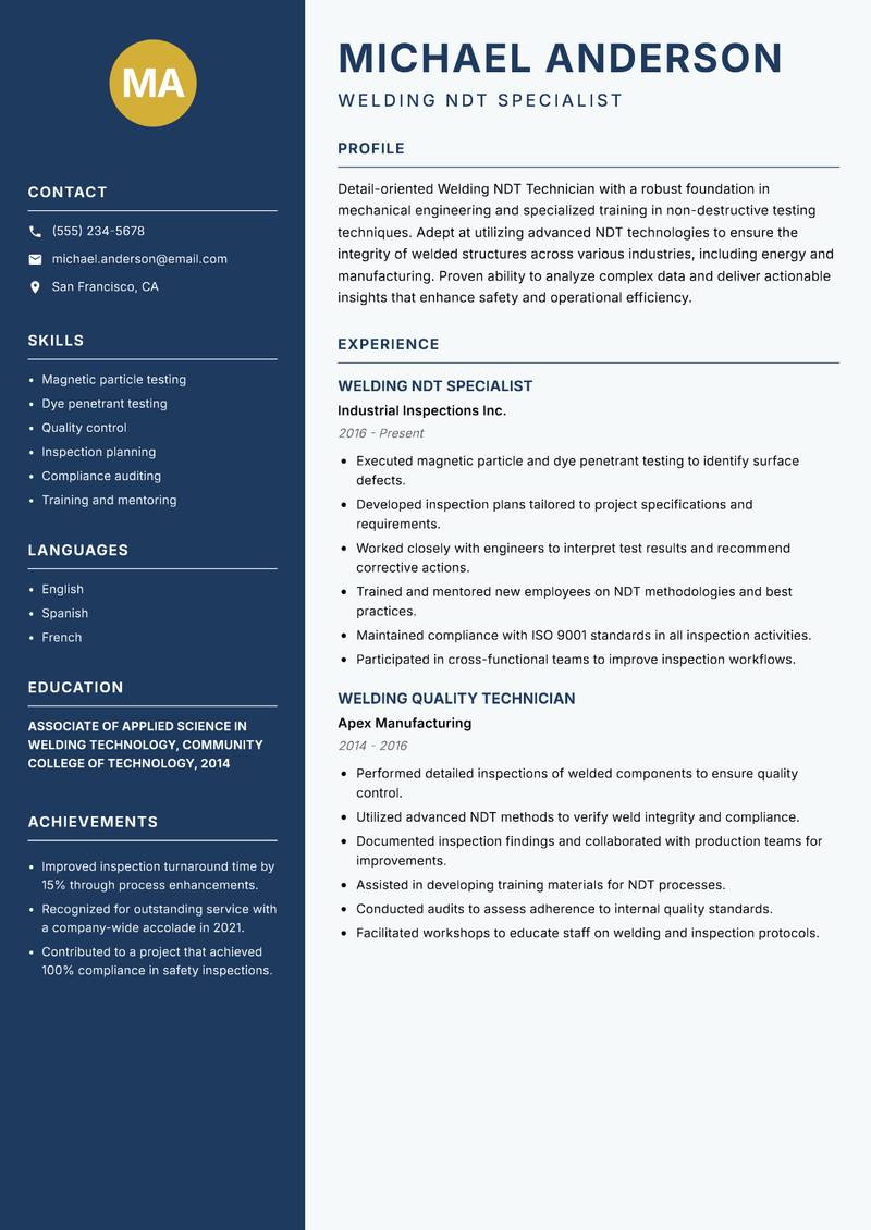 Welding NDT Technician resume template — Classic Clean