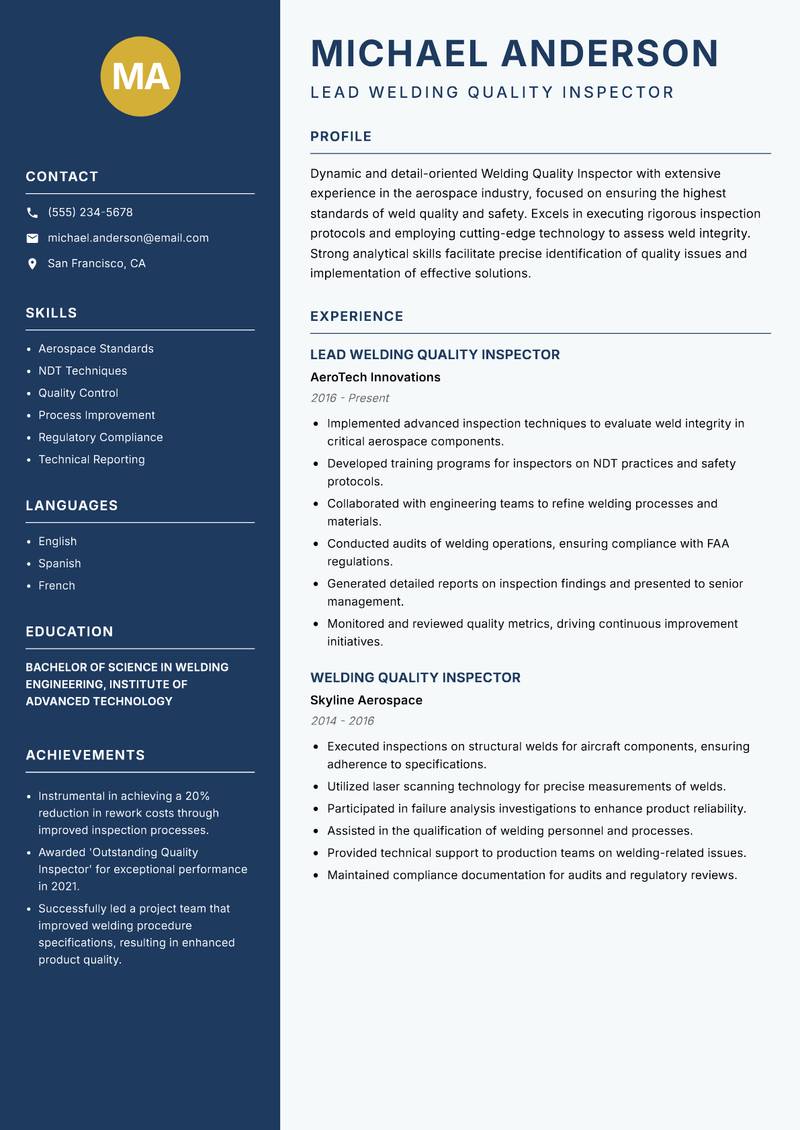 Welding Quality Inspector resume template — Classic Clean