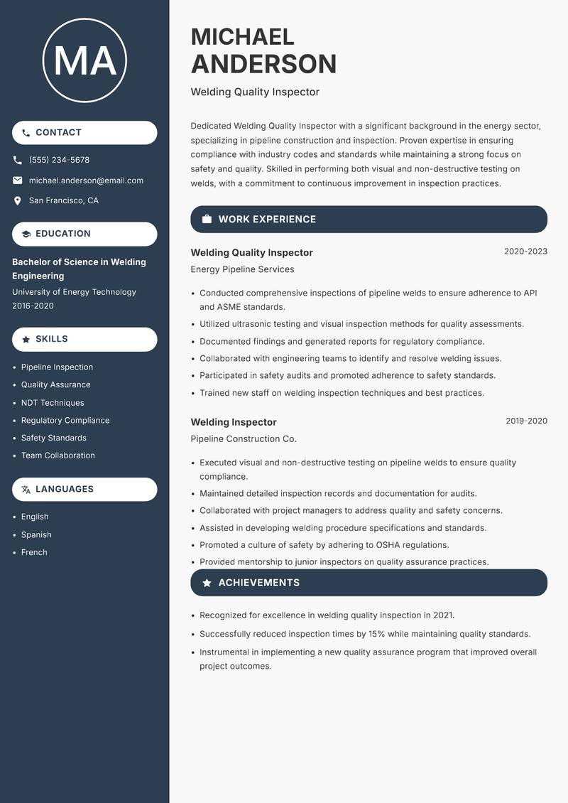 Welding Quality Inspector resume template — Compact