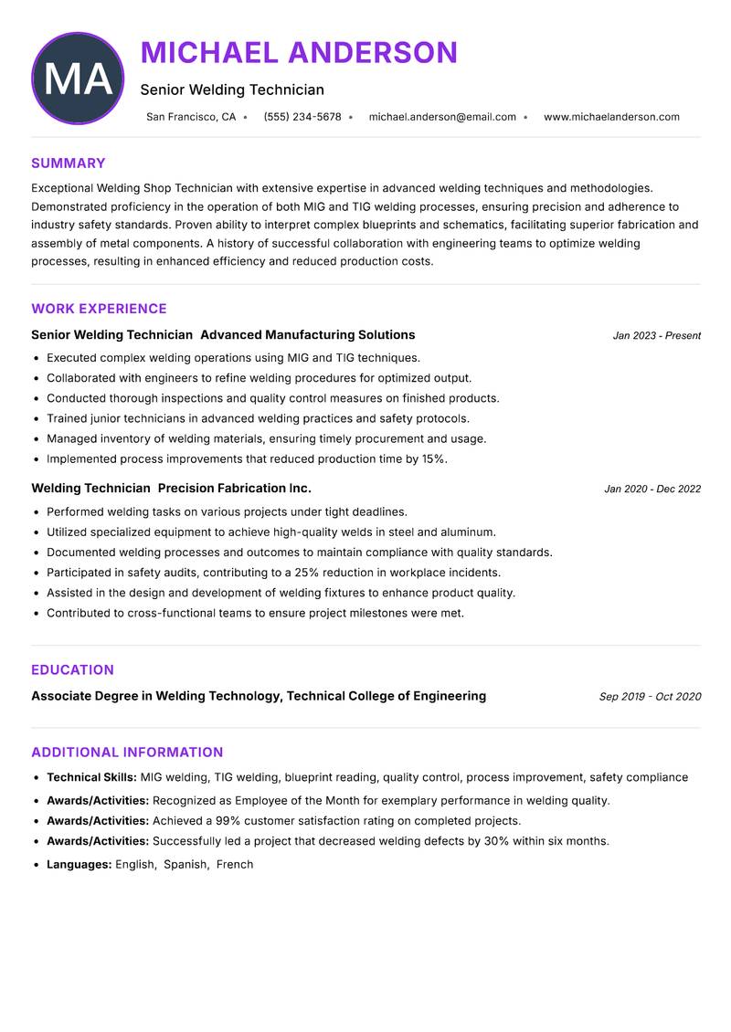 Welding Shop Technician resume example — ATS-friendly template