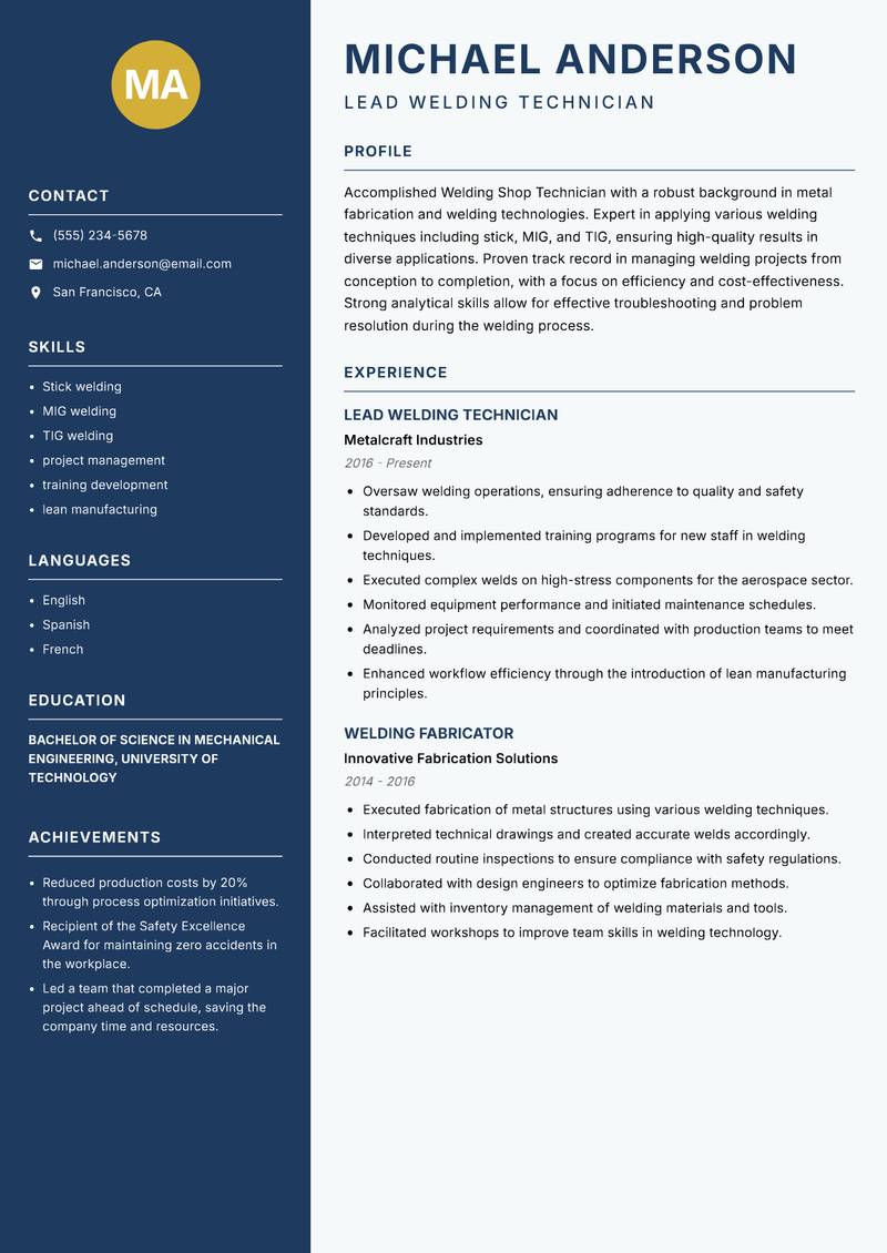 Welding Shop Technician resume template — Classic Clean