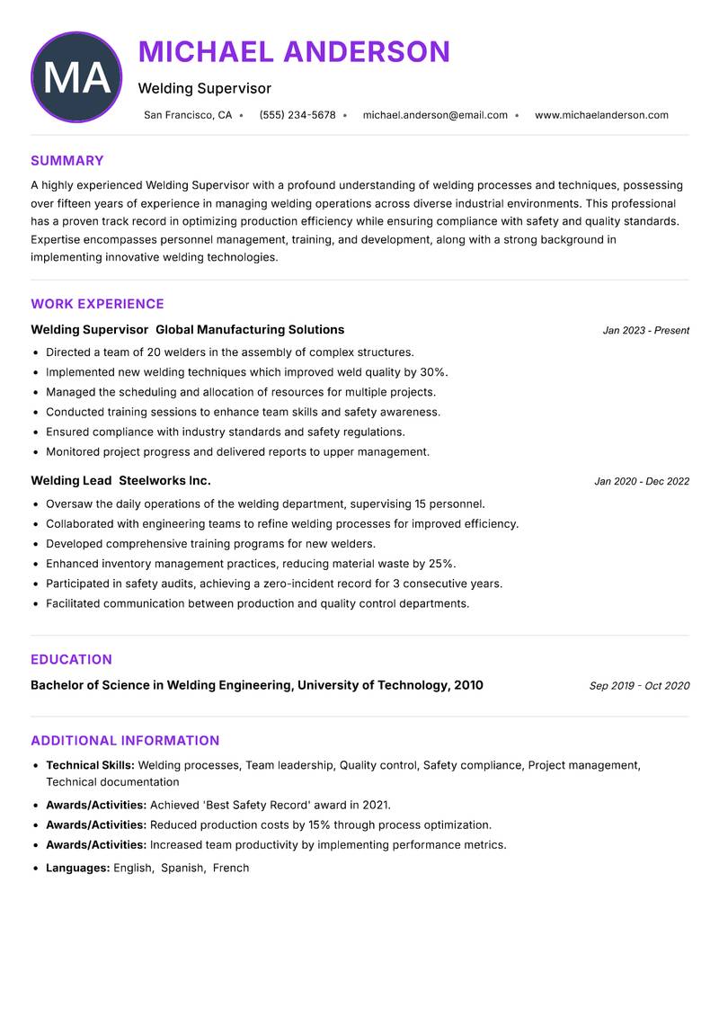 Welding Supervisor resume example — ATS-friendly template