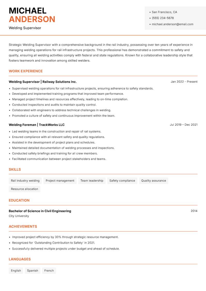 Welding Supervisor resume template — Modern Professional