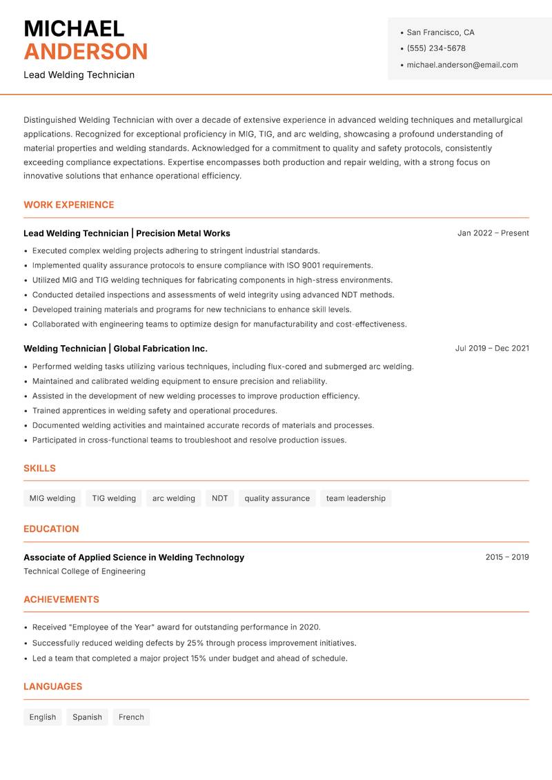 Welding Technician resume template — Modern Professional