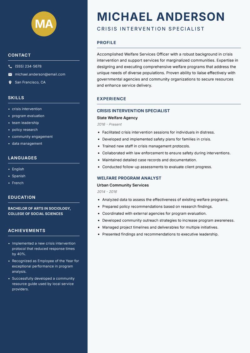 Welfare Services Officer resume template — Classic Clean
