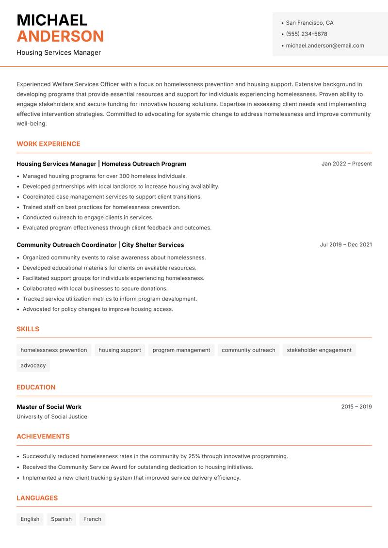 Welfare Services Officer resume template — Modern Professional