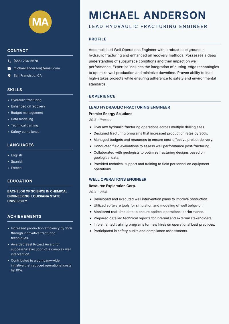 Well Operations Engineer resume template — Classic Clean