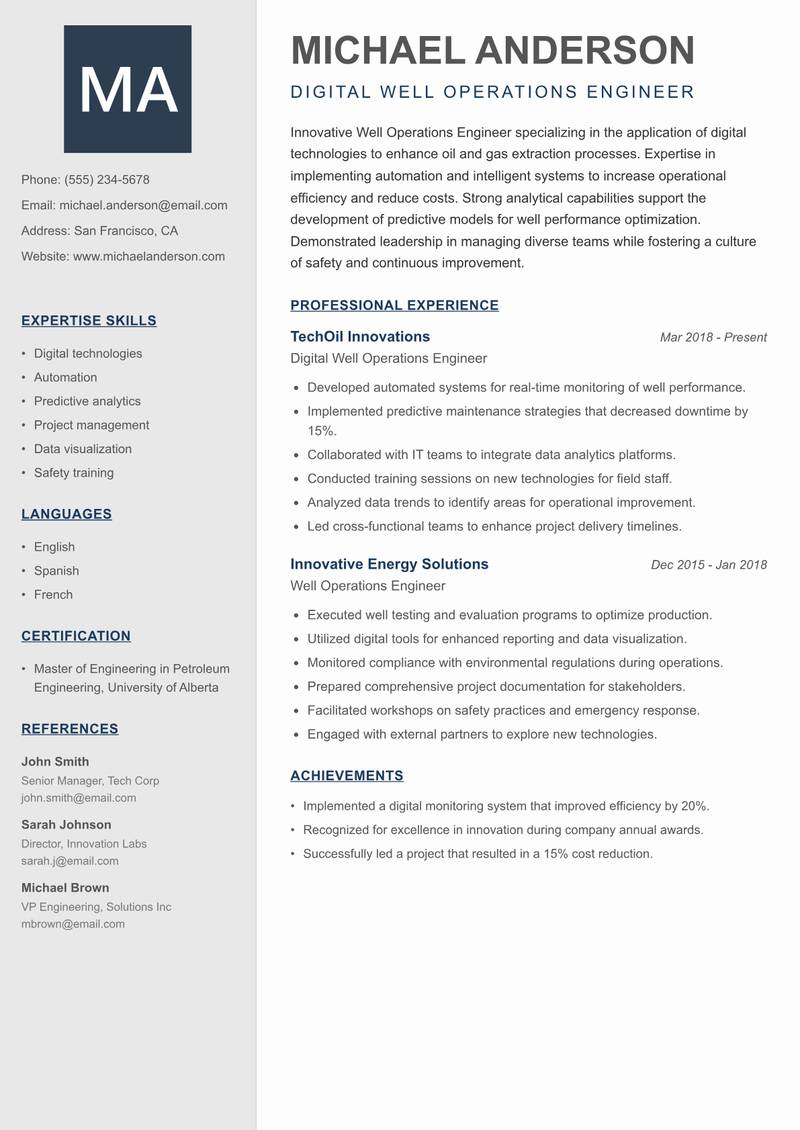Well Operations Engineer resume template — Creative Minimal
