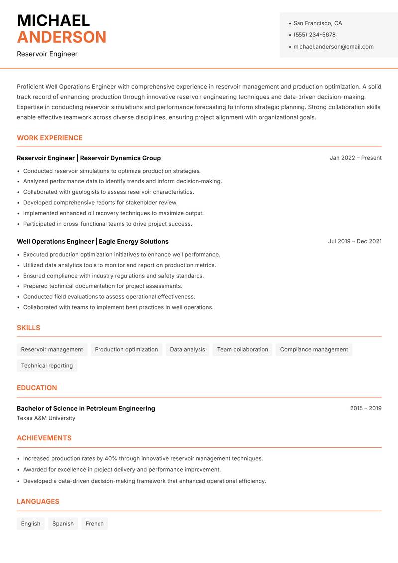 Well Operations Engineer resume template — Modern Professional