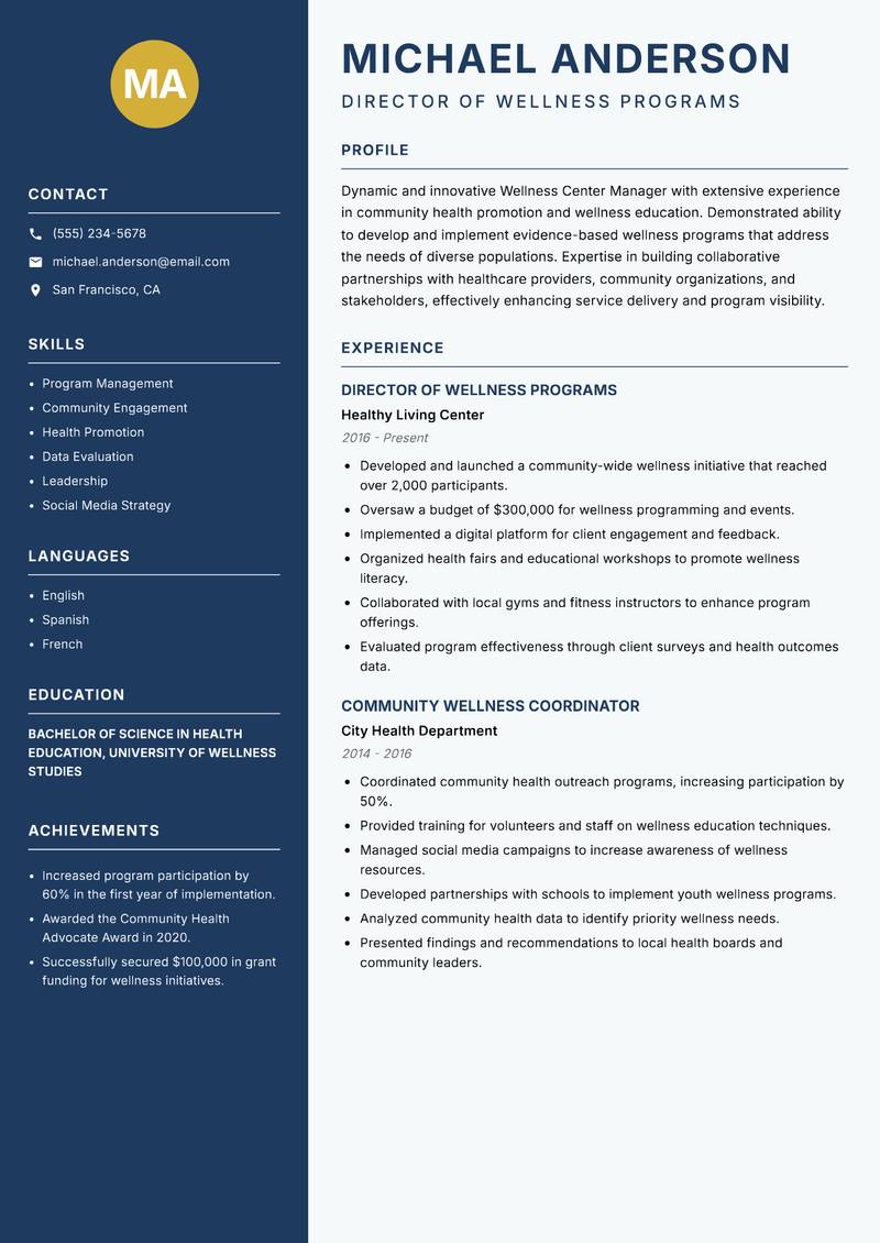 Wellness Center Manager resume template — Classic Clean