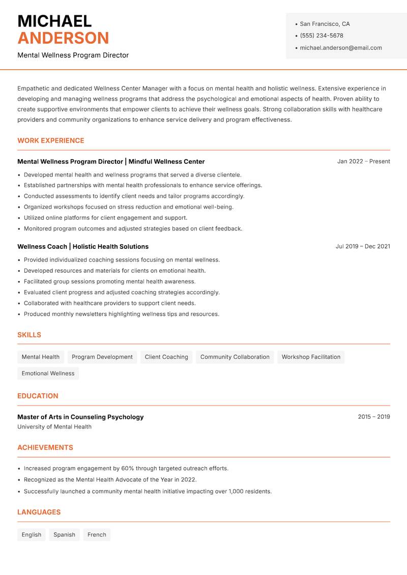 Wellness Center Manager resume template — Modern Professional