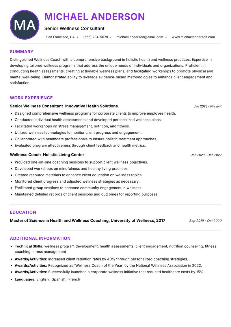 Wellness Coach resume example — ATS-friendly template