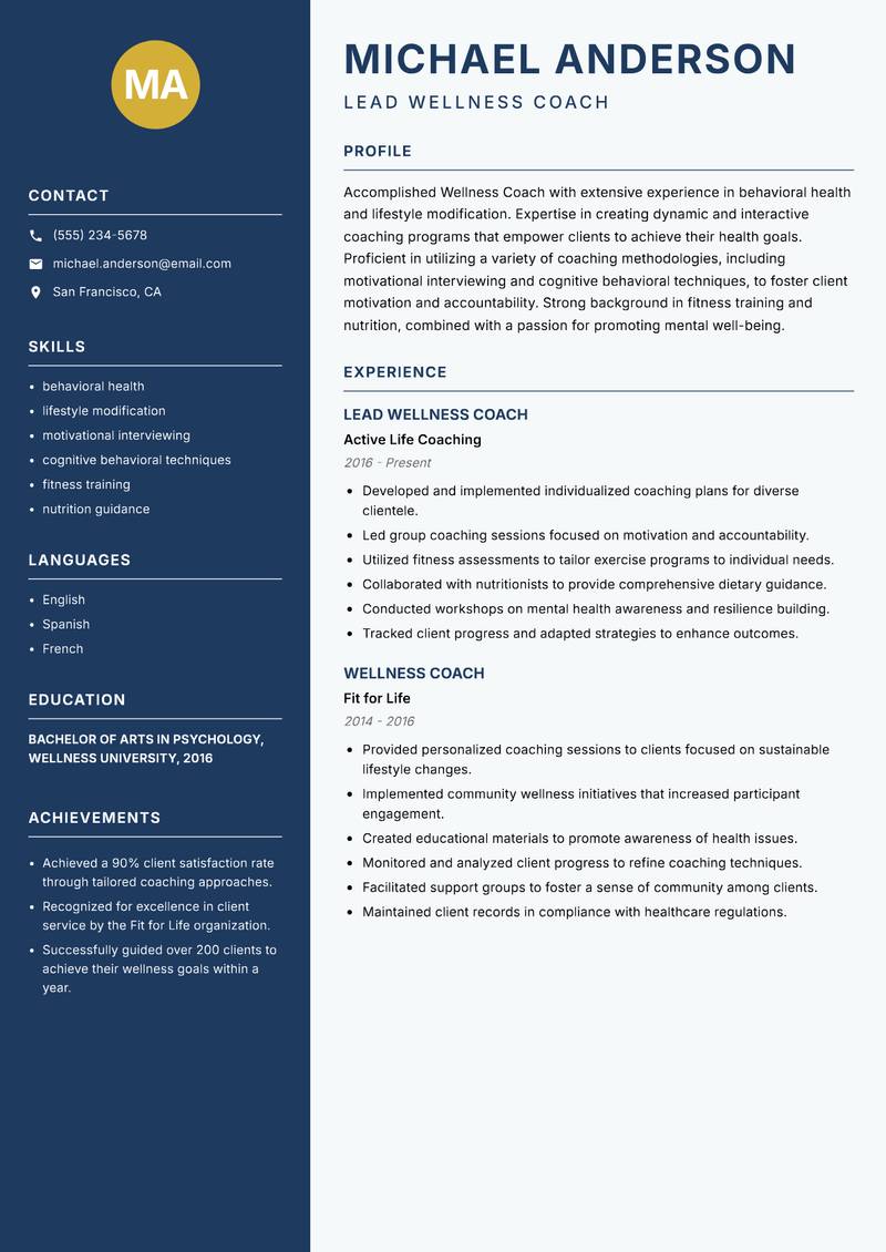 Wellness Coach resume template — Classic Clean