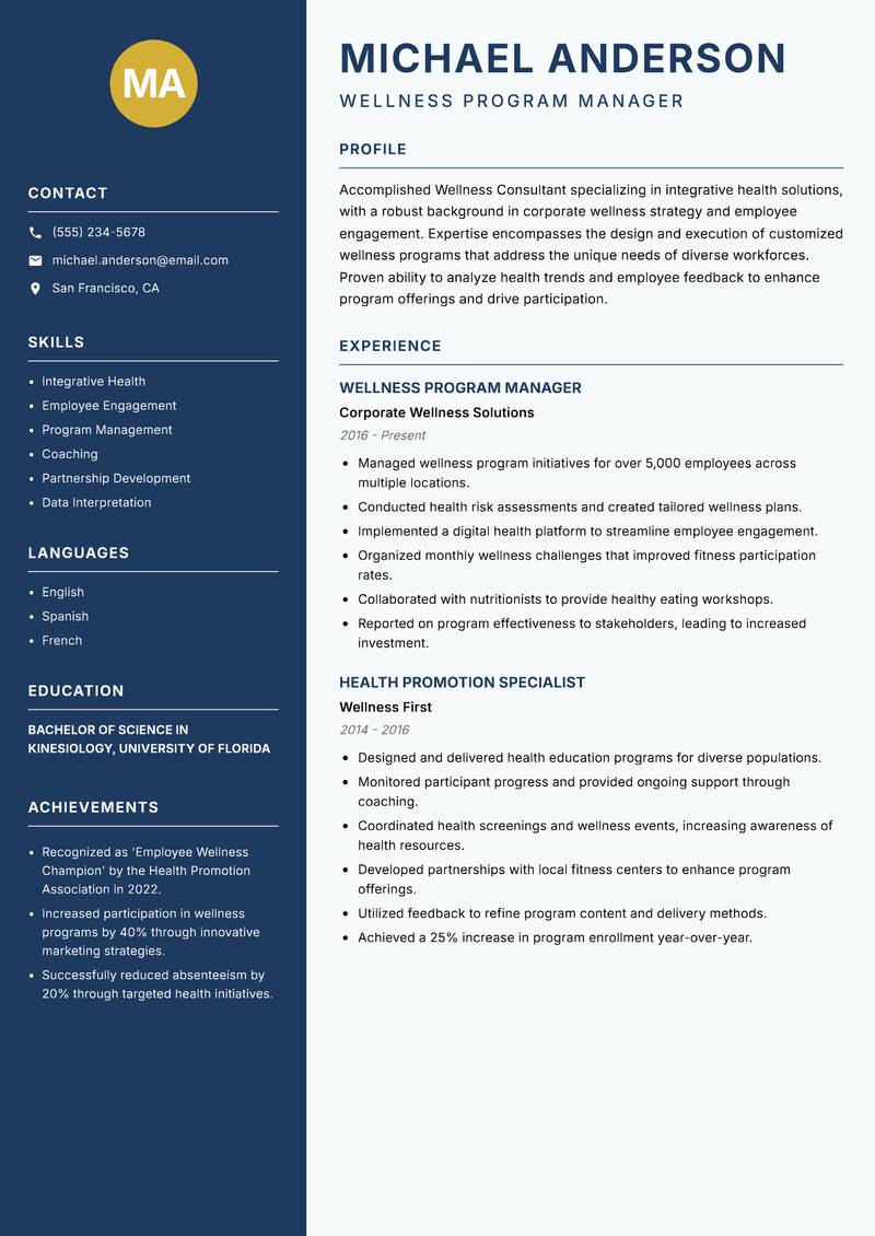 Wellness Consultant resume template — Classic Clean