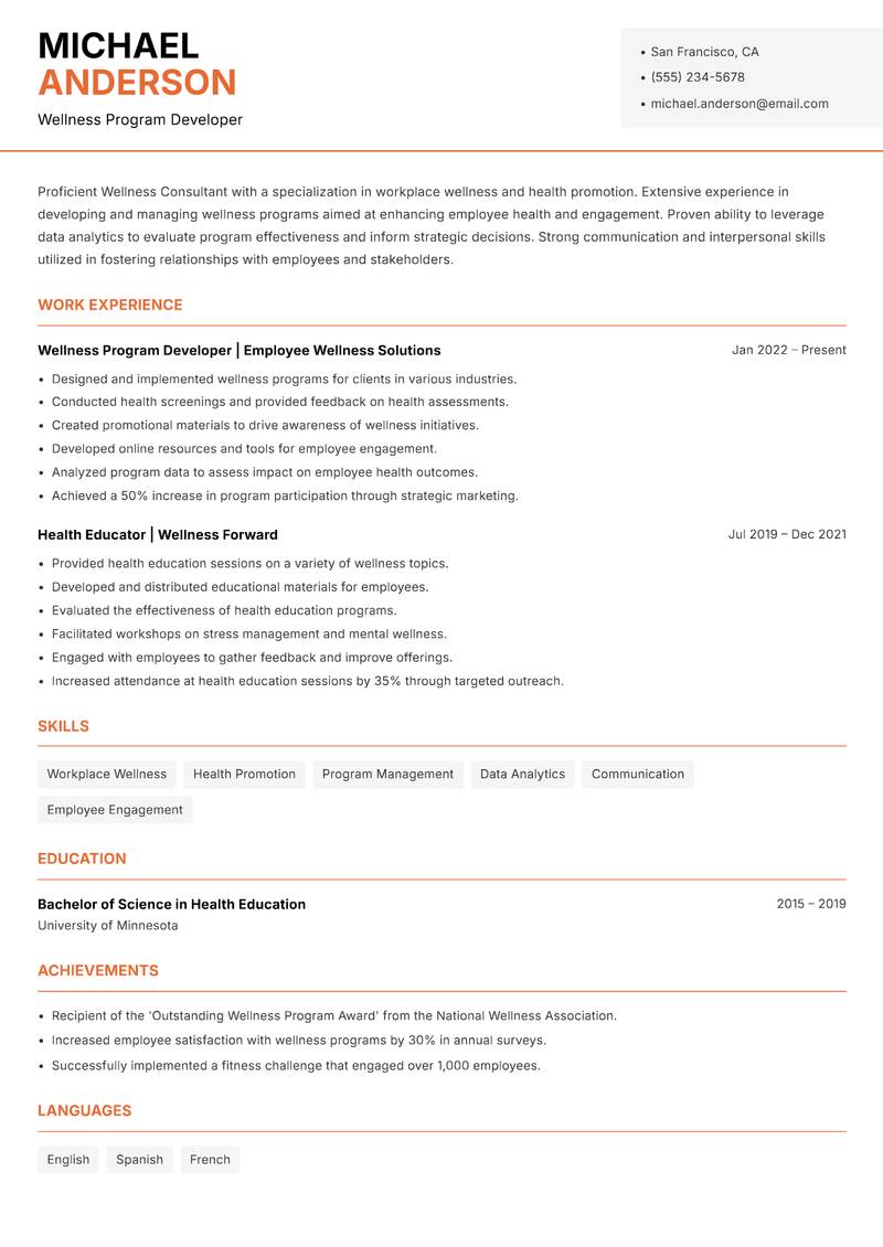 Wellness Consultant resume template — Modern Professional