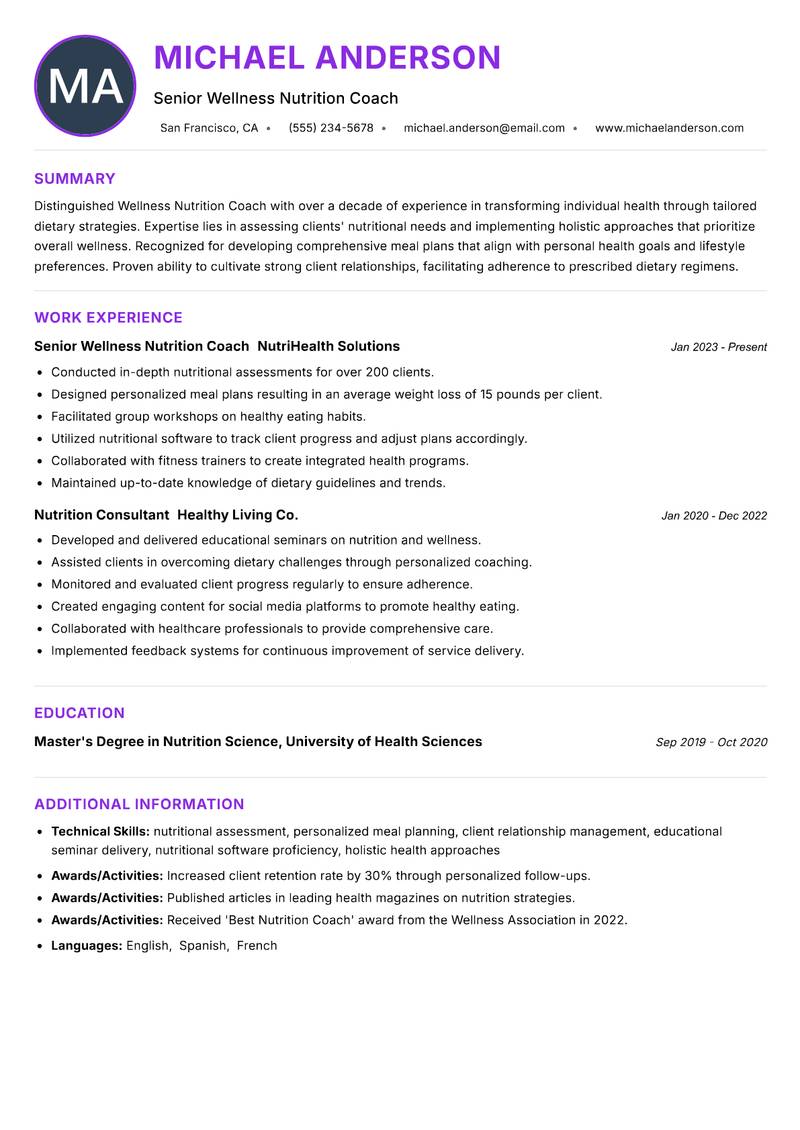 Wellness Nutrition Coach resume example — ATS-friendly template