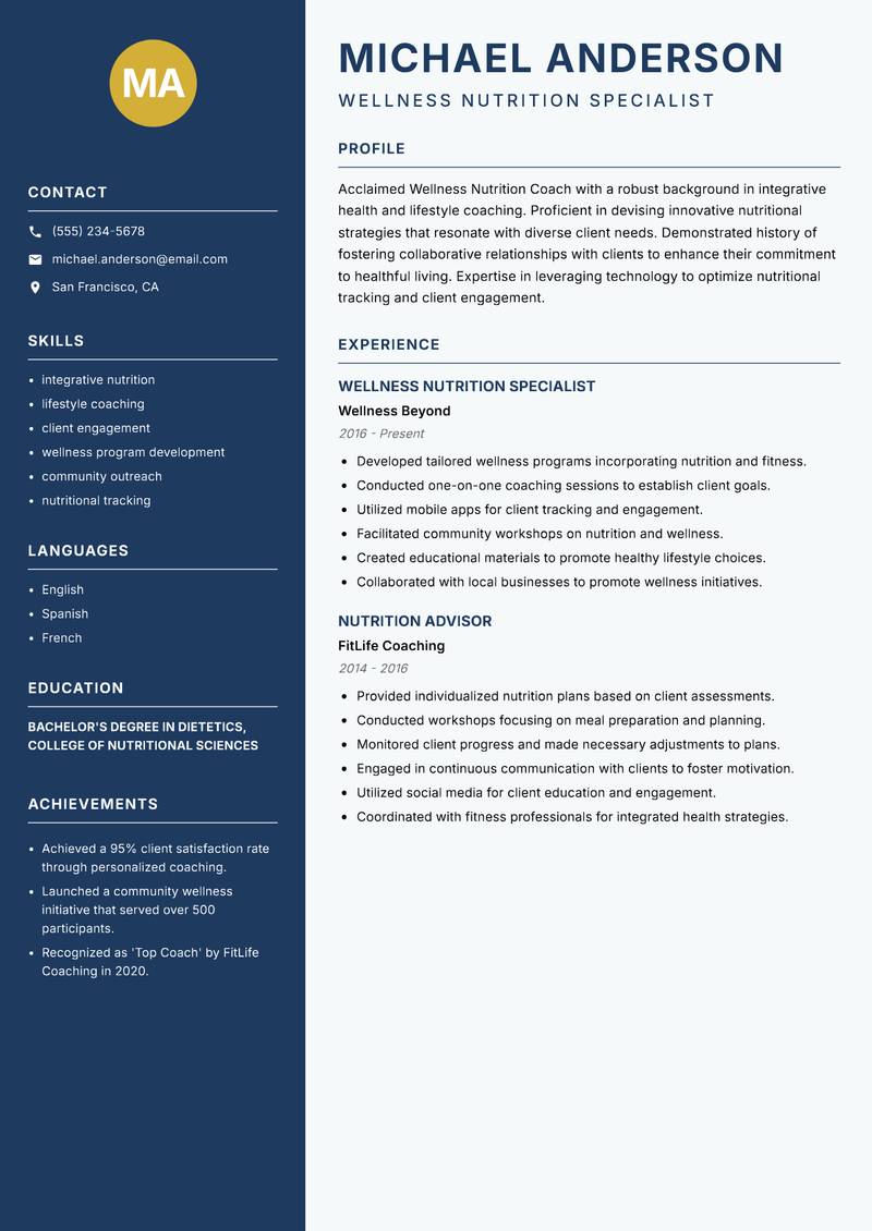 Wellness Nutrition Coach resume template — Classic Clean