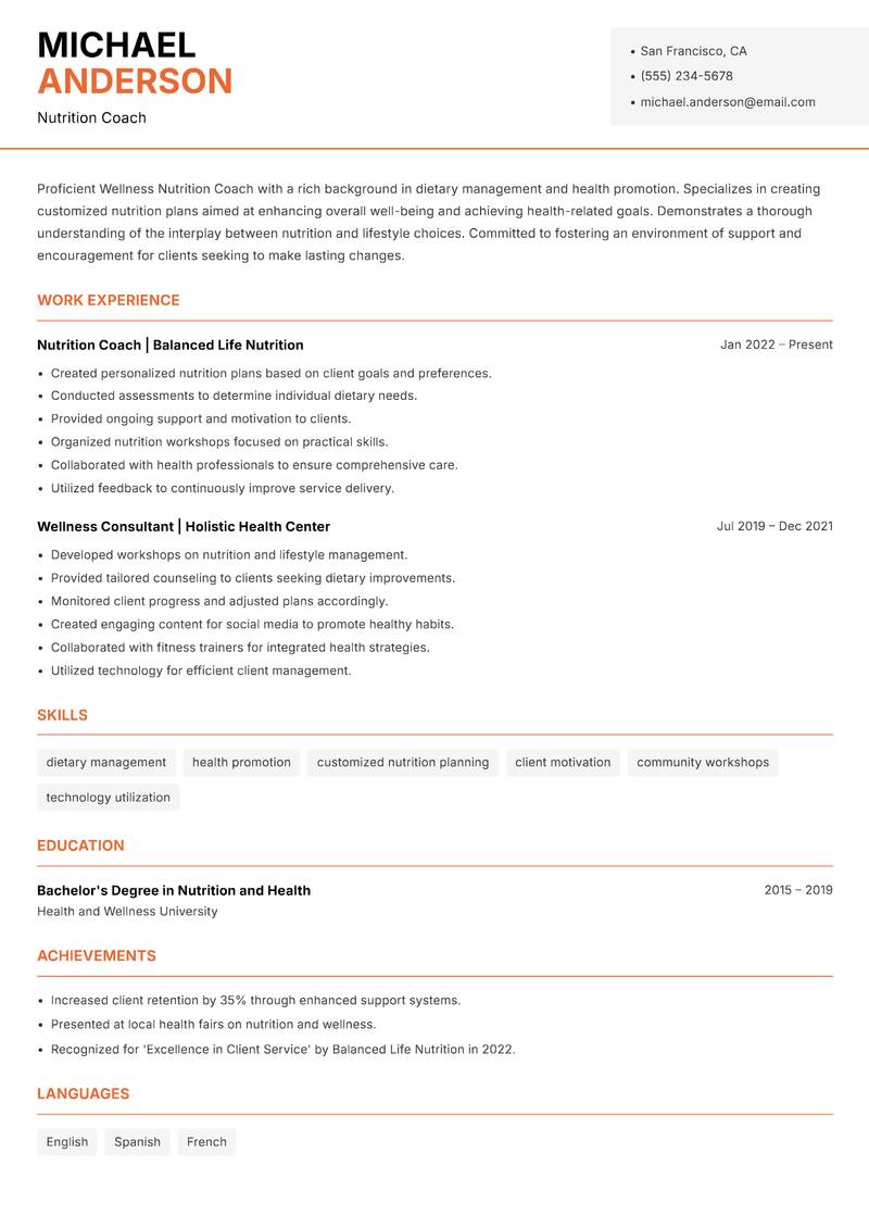 Wellness Nutrition Coach resume template — Modern Professional