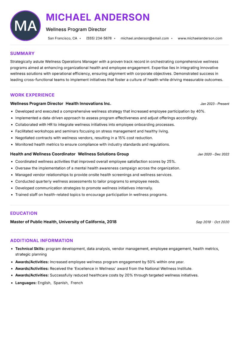 Wellness Operations Manager resume example — ATS-friendly template