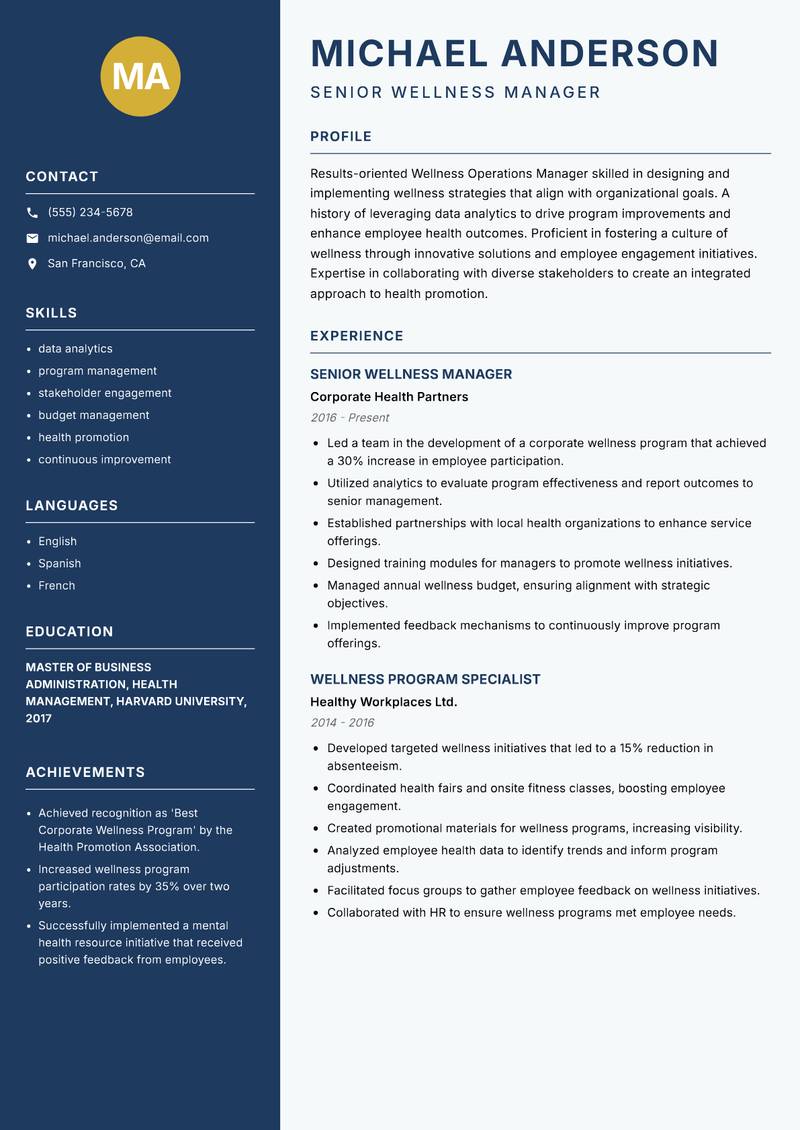 Wellness Operations Manager resume template — Classic Clean