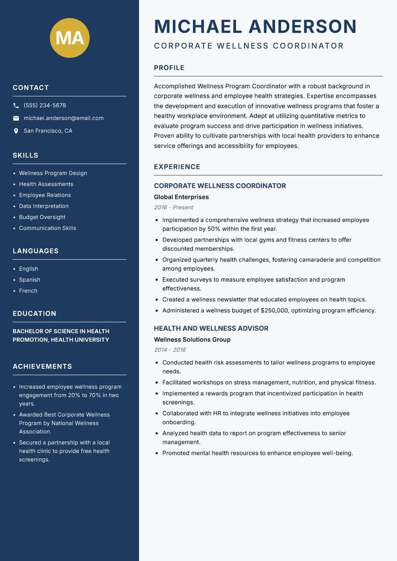 Wellness Program Coordinator resume template — Classic Clean