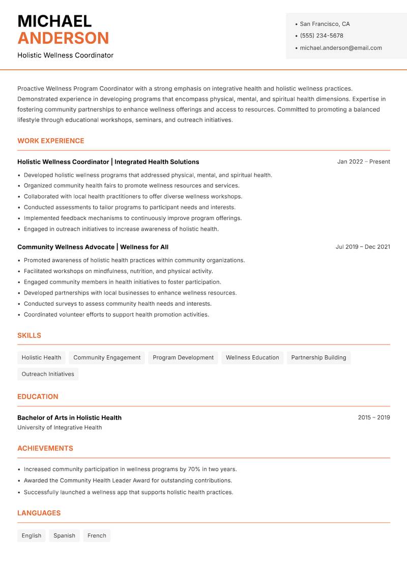 Wellness Program Coordinator resume template — Modern Professional