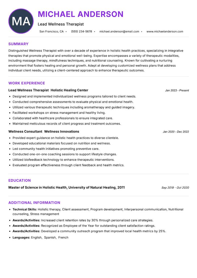 Wellness Therapist resume example — ATS-friendly template