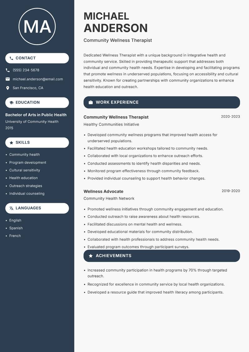 Wellness Therapist resume template — Compact