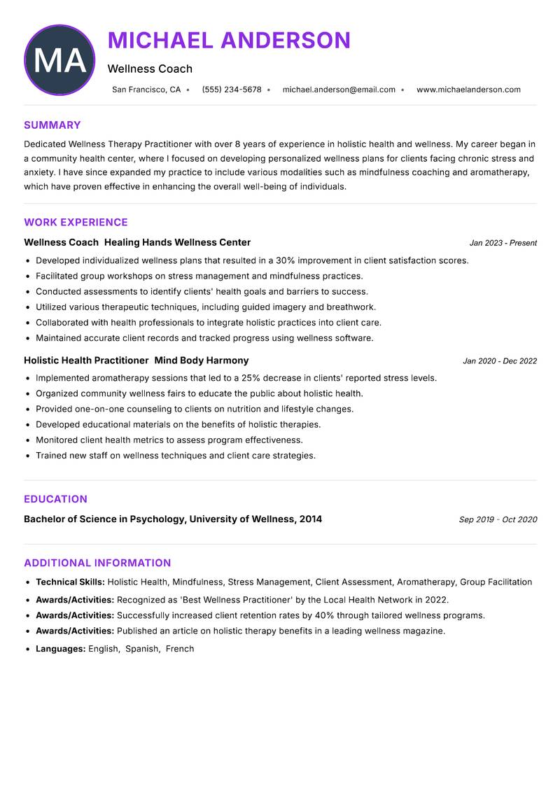 Wellness Therapy Practitioner resume example — ATS-friendly template