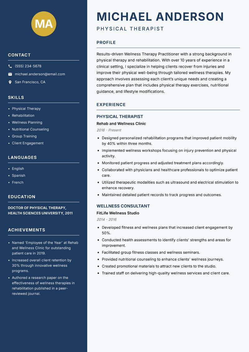 Wellness Therapy Practitioner resume template — Classic Clean