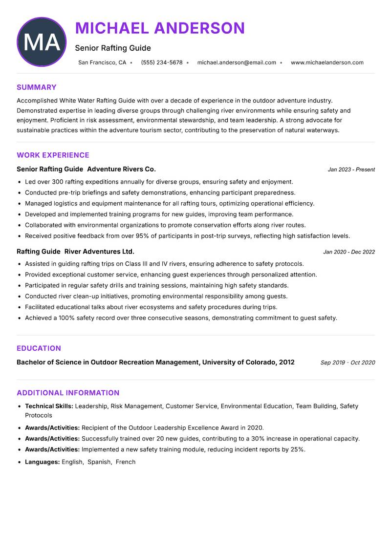White Water Rafting Guide resume example — ATS-friendly template